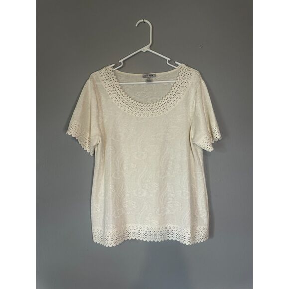 Belle Amie Women's Cream Short Sleeve Blouse with Eyelet Lace Trim – Size XL - Picture 1 of 4